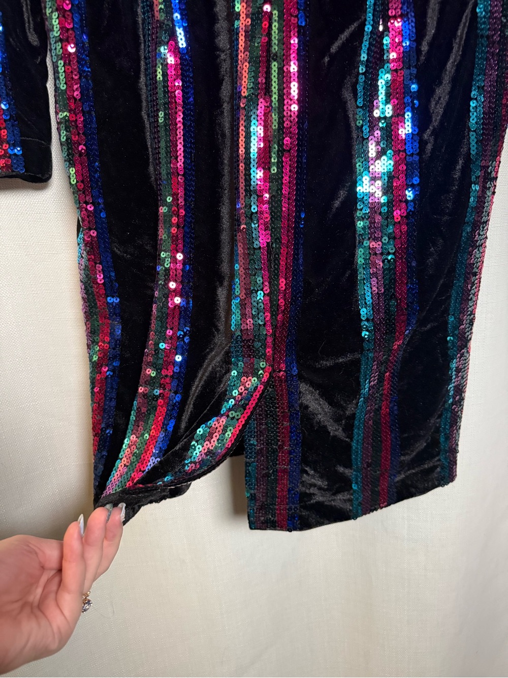 Venus Black Velvet Blue Pink Purple Sequin Tuxedo Style Long Sleeve Dress Size 2 - Picture 9 of 12
